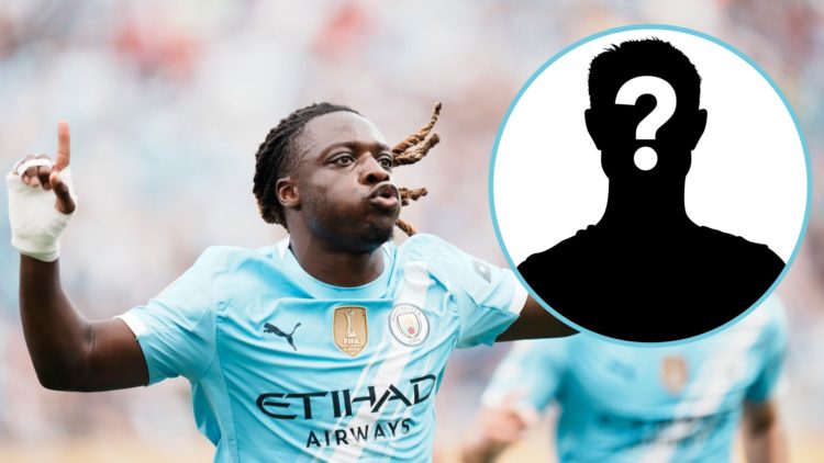 Jeremy Doku celebrates by pointing to the sky after scoring for Manchester City against Juventus in the Club World Cup. Inset: Mystery figure.