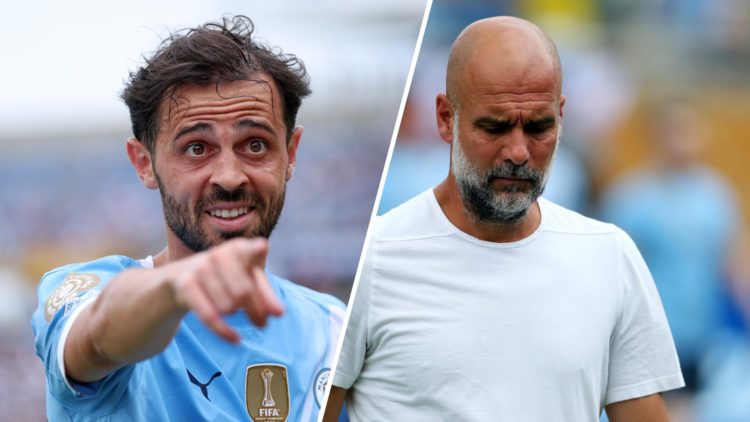 Split image: Bernardo Silva pointing during Man City vs Juventus (L). Pep Guardiola looks down (R).