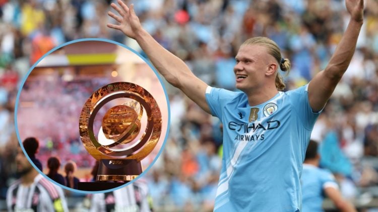 Erling Haaland holds his arms up in celebration after scoring for Man City vs Juventus. Inset: Image of the FIFA Club World Cup trophy.
