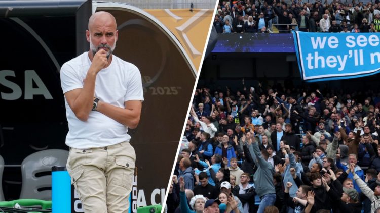 Split image: Pep Guardiola leans on a wall and strokes his chin (L). Manchester City fans celebrate (R).