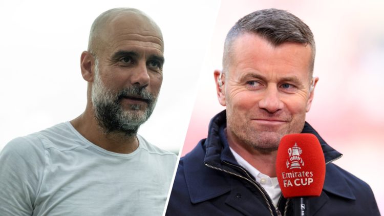Split image: Close up of Manchester City manager Pep Guardiola (L). Shay Given on punditry duty during the FA Cup final (L).