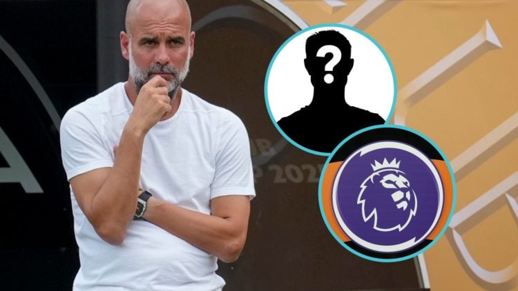 Pep Guardiola rubs his chin in thought. Inset: Premier League logo and mystery figure.