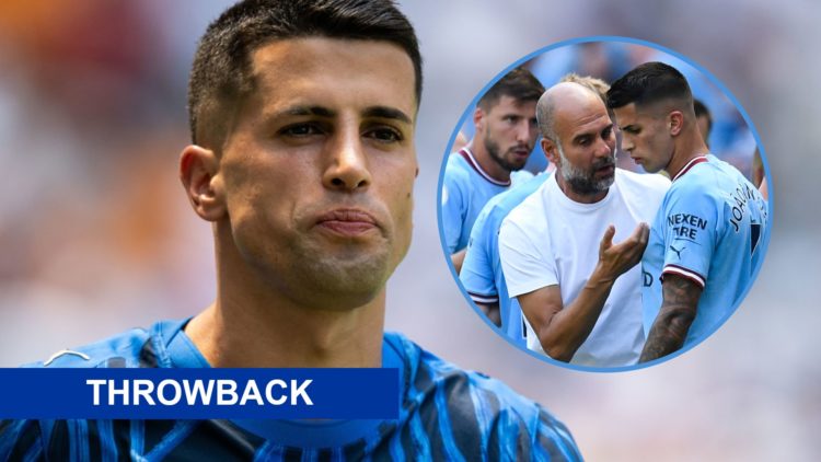 Close up of Joao Cancelo in action for Al-Hilal vs Real Madrid. Inset: Pep Guardiola talks to Joao Cancelo during a Man City game.