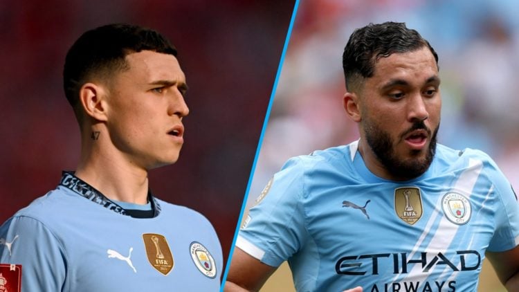 Phil Foden playing for Manchester City (left), Rayan Cherki playing for Manchester City (right)