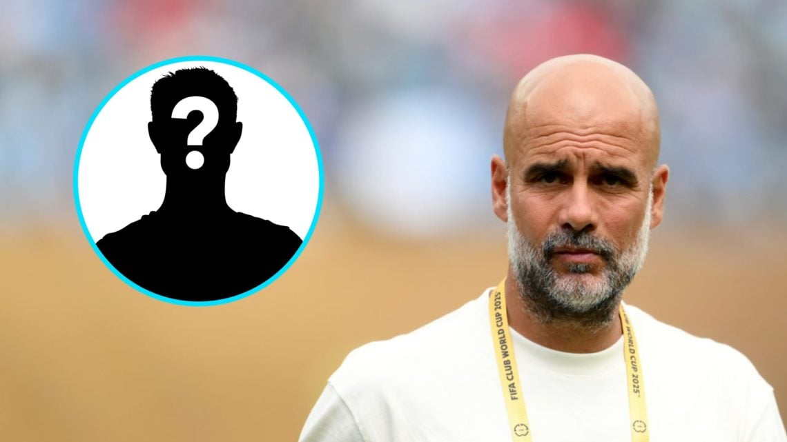 Manchester City manager Pep Guardiola looks on (right), mystery player (inset)