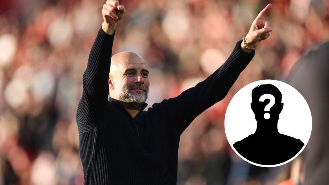 A happy Pep Guardiola with his hands in the air (main image) mystery player inset (bottom right corner)