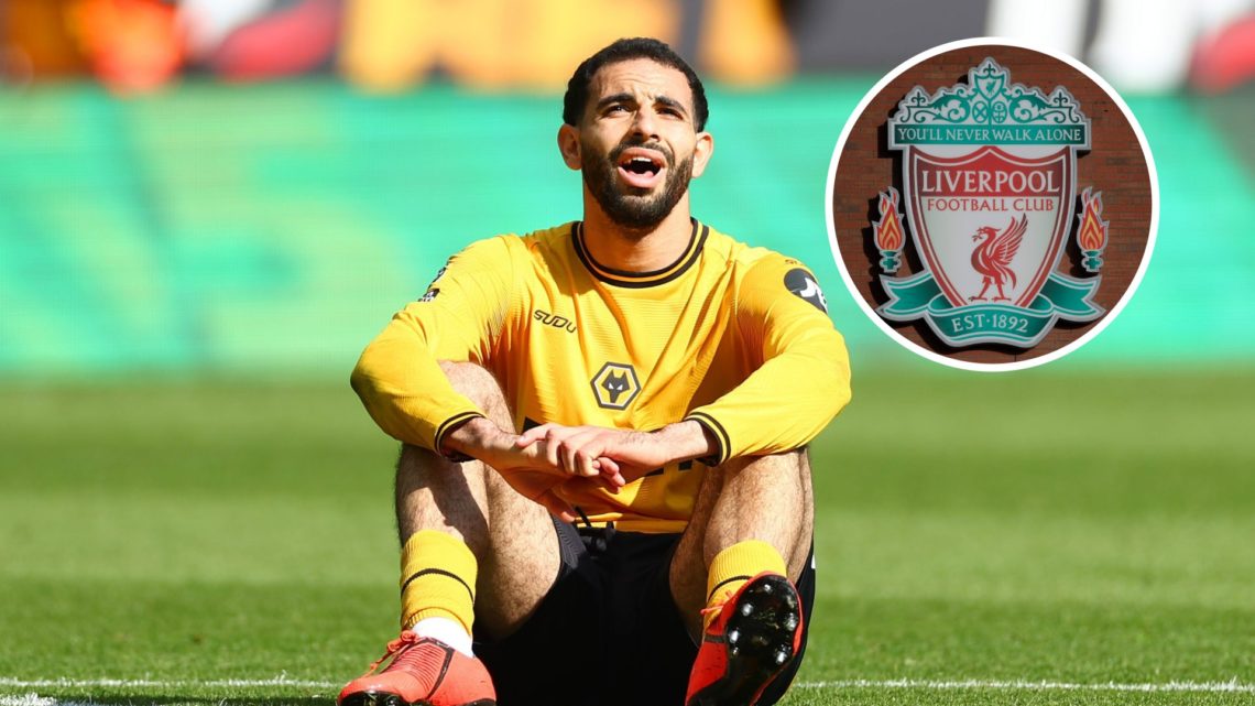 Rayan Ait-Nouri sitting on the floor during a Wolves match (main image) inset of the Liverpool badge (top right corner)