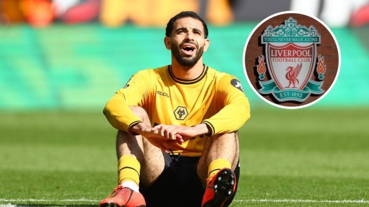 Rayan Ait-Nouri sitting on the floor during a Wolves match (main image) inset of the Liverpool badge (top right corner)