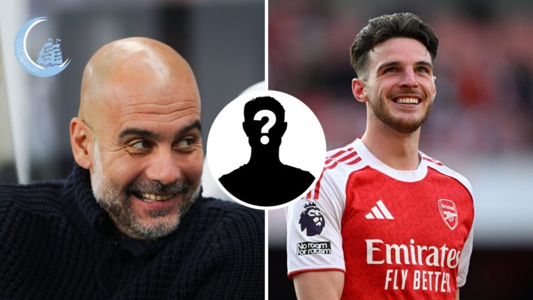 Split image of Pep Guardiola and Declan Rice with mystery figure and MCN logo inset