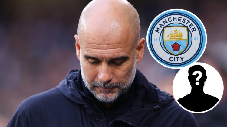 Pep Guardiola looks dejected during the Premier League match between Manchester City and Liverpool, mystery figure and Manchester City badge inset