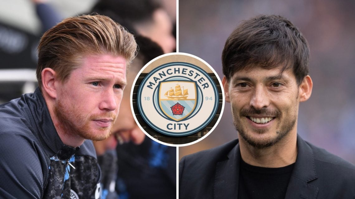 Split image of Manchester City icons Kevin De Bruyne and David Silva with inset of Manchester City badge