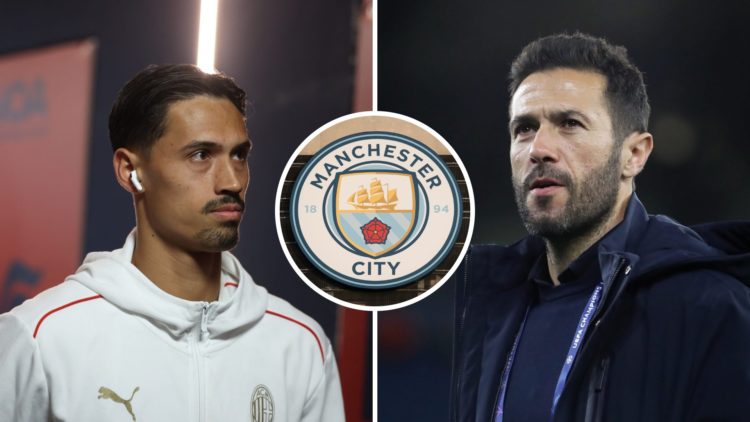 Split image of Tijjani Reijnders and Hugo Viana with inset of Manchester City badge