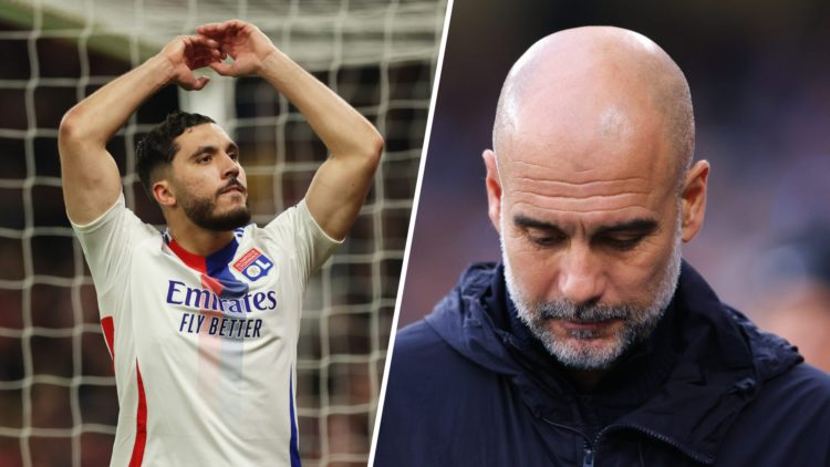 Split image - Rayan Cherki with his hands above his head while playing for Lyon (left) close up of a dejected Pep Guardiola (right)