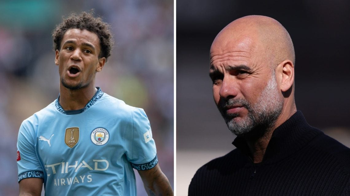 Split image - Oscar Bobb looking happy during a Man City match (left) close up of Pep Guardiola's face (right)