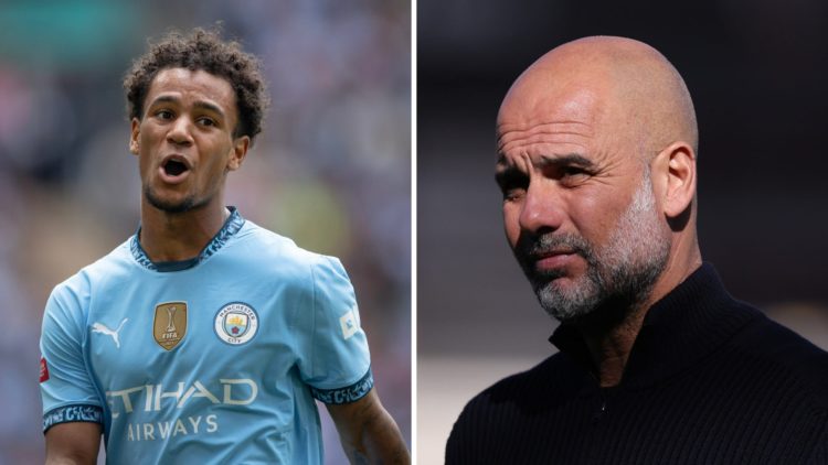Split image - Oscar Bobb looking happy during a Man City match (left) close up of Pep Guardiola's face (right)