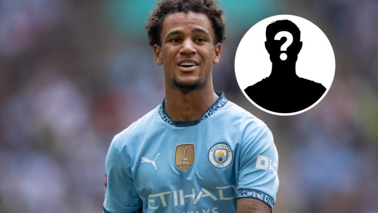 Oscar Bobb playing for Manchester City in the FA Community Shield against Manchester United, mystery figure inset