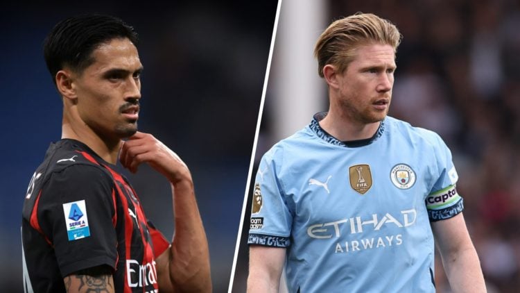 Split image - Tijjani Reijnders scratching his neck (left) Kevin De Bruyne in action for Man City (right)