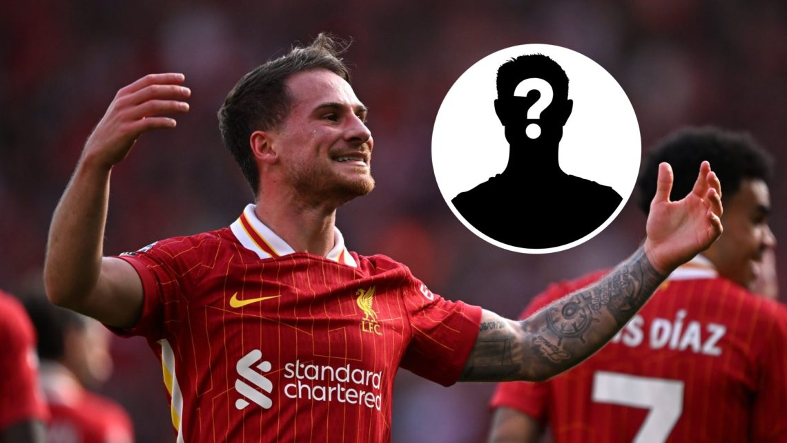 Liverpool star Alexis Mac Allister with his hands in the air after scoring a goal (main image) mystery player inset (top right corner)