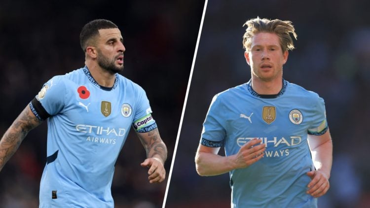 Split image- Kyle Walker in action for Man City (left) close up of Kevin De Bruyne running (right)