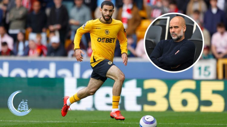 Wolverhampton Wanderers full-back Rayan Ait-Nouri with inset of Manchester City manager Pep Guardiola