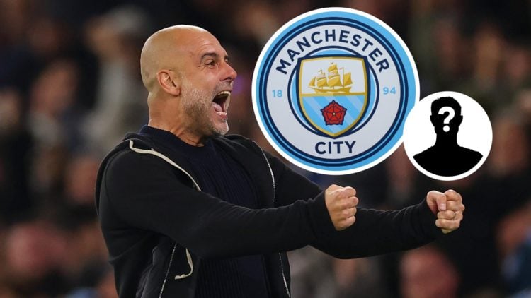Pep Guardiola celebrates a goal during the Premier League clash between Manchester City and Aston Villa, Manchester City badge and mystery figure i...