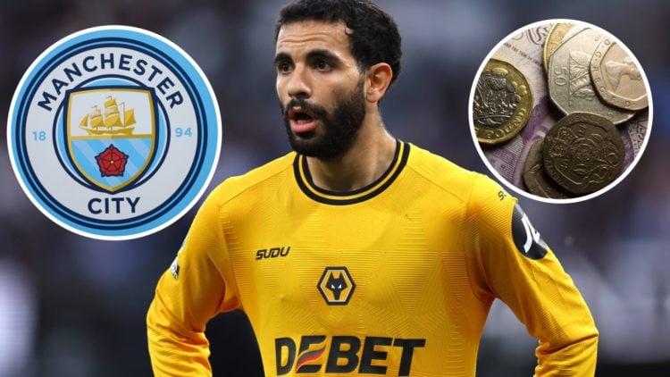Image of Rayan Ait-Nouri playing for Wolves vs Manchester City, Manchester City badge and money inset