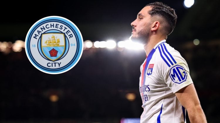 Rayan Cherki with inset of Manchester City badge
