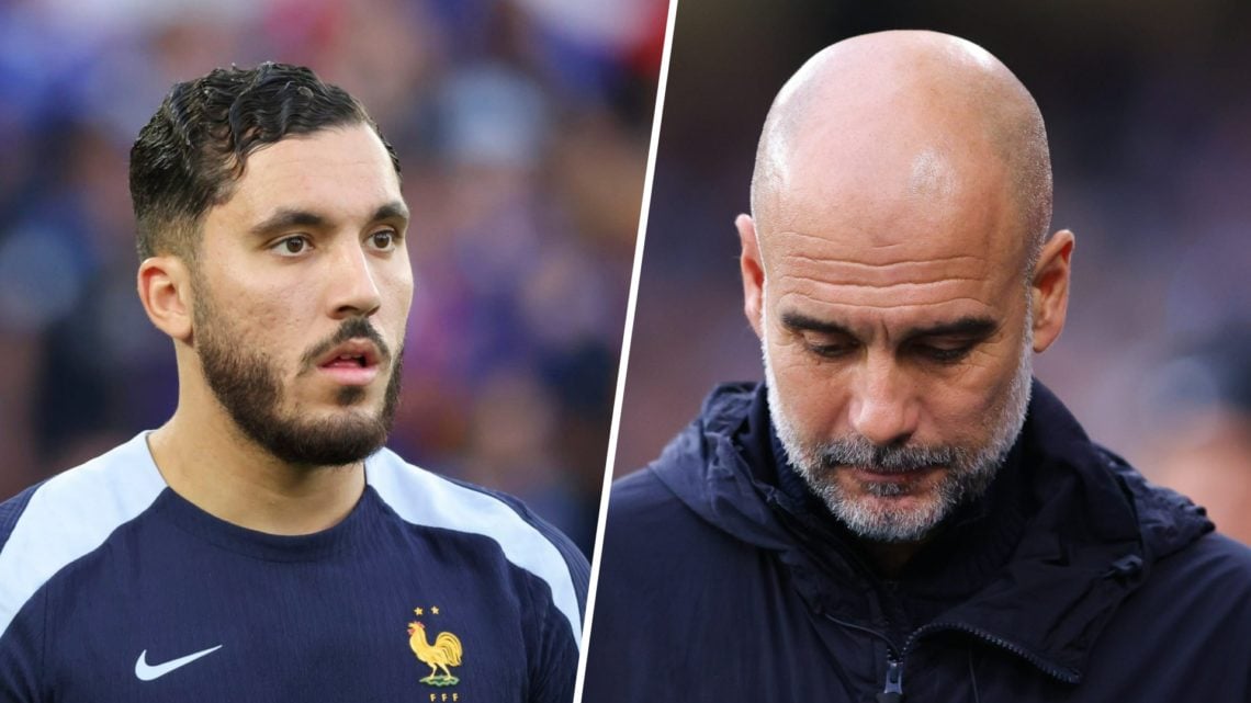 Split image - Rayan Cherki warming up before Spain vs France (left) a dejected Pep Guardiola (right)