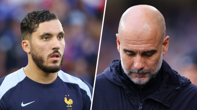 Split image - Rayan Cherki warming up before Spain vs France (left) a dejected Pep Guardiola (right)
