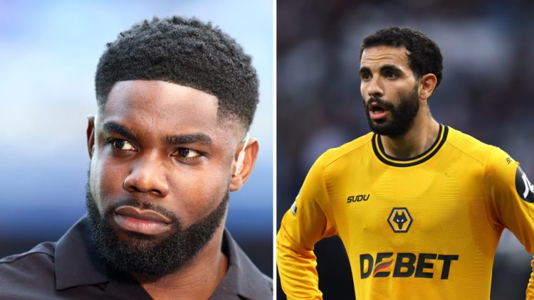 Split image - Micah Richards working as a pundit (left) Rayan Ait-Nouri with his hands on his hips (right)
