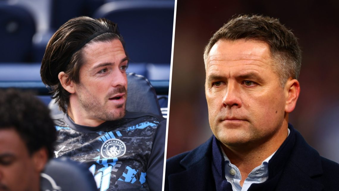 Split image - Jack Grealish sitting on the Man City bench (left) close up of Michael Owen working as a pundit (right)