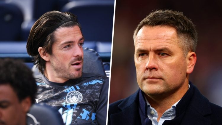 Split image - Jack Grealish sitting on the Man City bench (left) close up of Michael Owen working as a pundit (right)