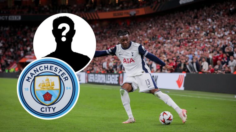 Tottenham Hotspur defender Destiny Udogie with inset of Manchester City badge and mystery silhouette