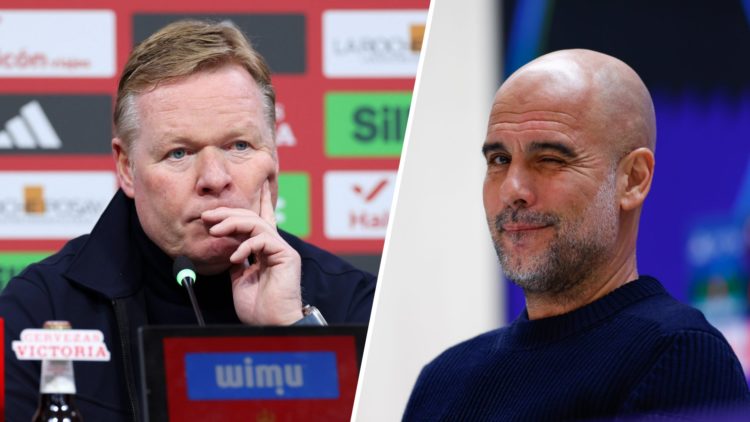 Split image - Ronald Koeman with his hand on his face during a press conference (left) Man City boss Pep Guardiola winking during a press conferenc...