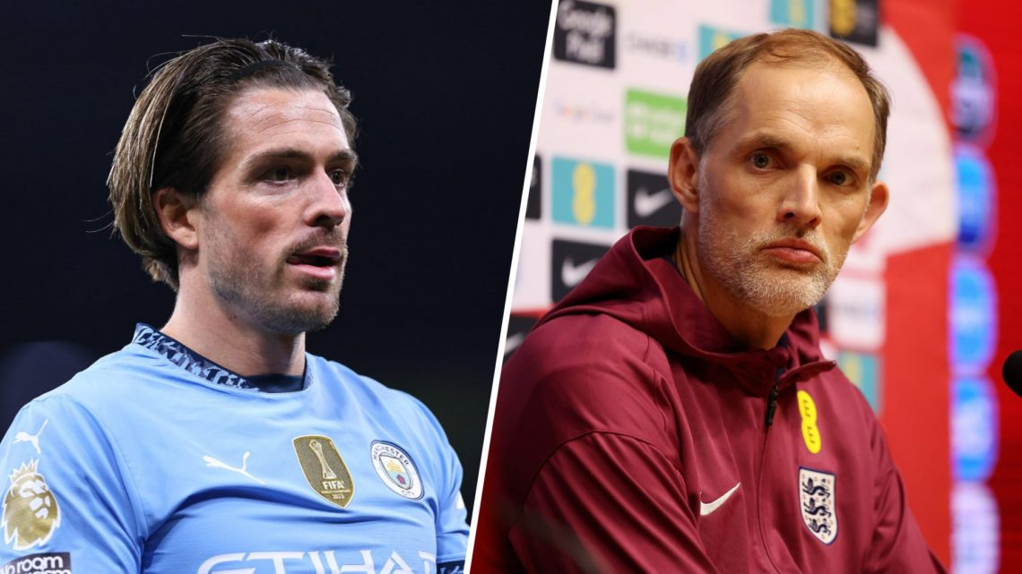 Split image - Close up of Man City's Jack Grealish in action (left) Thomas Tuchel during an England press conference (right)
