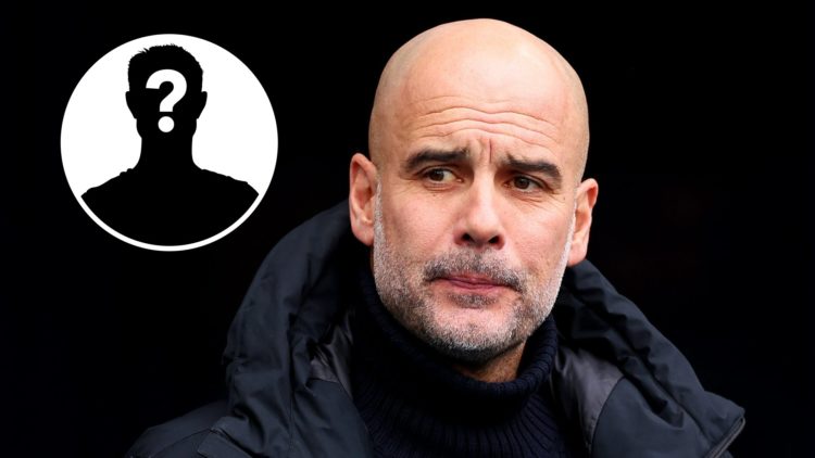 Close up of the face of Manchester City manager Pep Guardiola (main image) mystery player inset (top left corner)