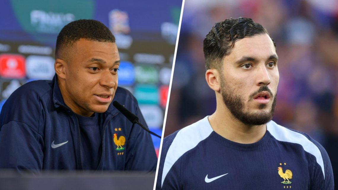 Split image - Kylian Mbappe speaks during a press conference (left) close up of Man City target Rayan Cherki (right)