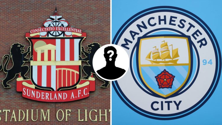 Split image of the Sunderland badge and the Manchester City badge with mystery figure inset