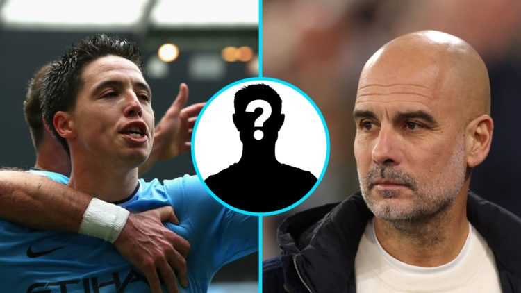 Samir Nasri celebrates scoring for Manchester City (left), Manchester City manager Pep Guardiola looks on (right)