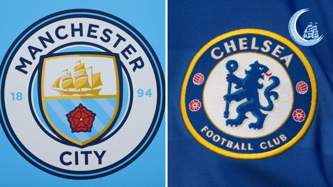 Split image of the Chelsea badge and the Manchester City badge