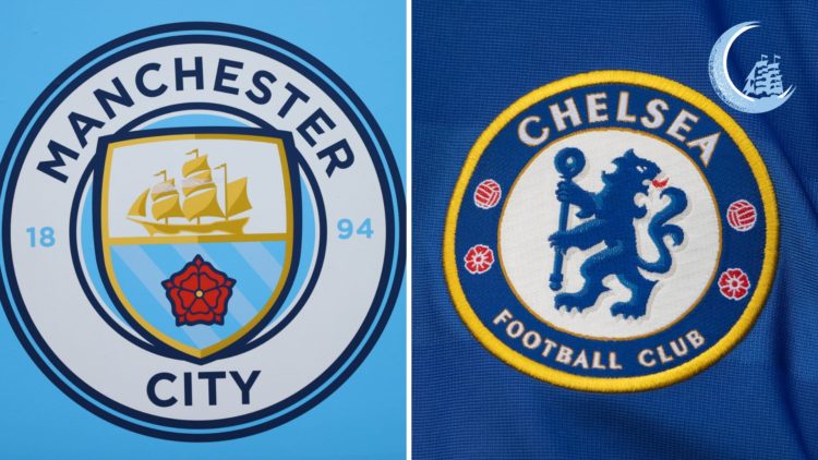 Split image of the Chelsea badge and the Manchester City badge