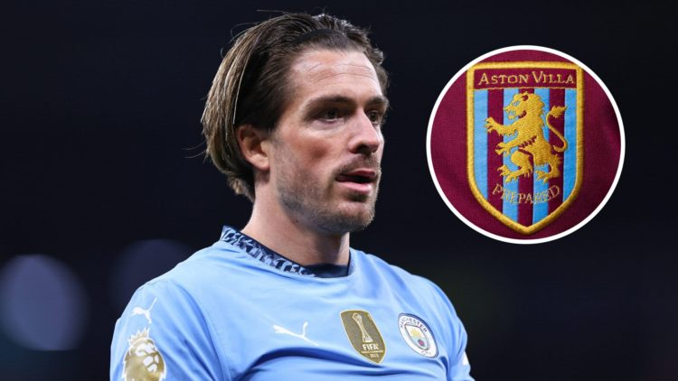 Close up of Jack Grealish's face while in action for Man City (main image) inset of the Aston Villa badge (top right corner)