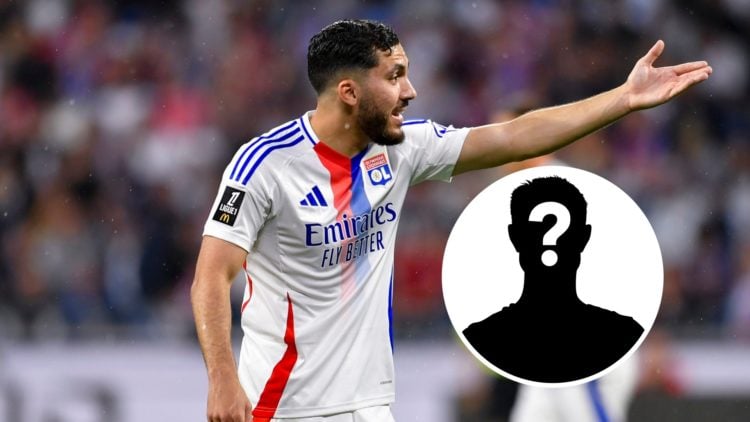 Rayan Cherki pointing towards something during a Lyon game (main image) mystery player inset (bottom right corner)