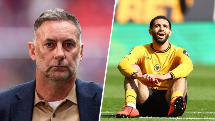 Split image - Close up of Don Hutchison working as a pundit (left) Rayan Ait-Nouri sitting on the floor during a Wolves match (right)