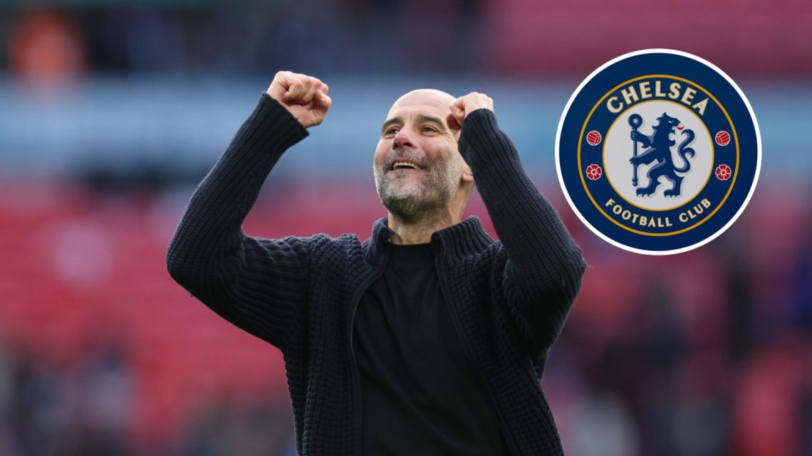 Pep Guardiola celebrates with his hands in the air (main image) inset of Chelsea badge (top right corner)