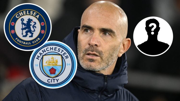 Enzo Maresca looks shocked during the Premier League clash between Southampton and Chelsea, Chelsea badge and Manchester City badge with mystery fi...