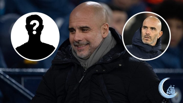 Manchester City manager Pep Guardiola with inset of Chelsea manager Enzo Maresca and mystery silhouette