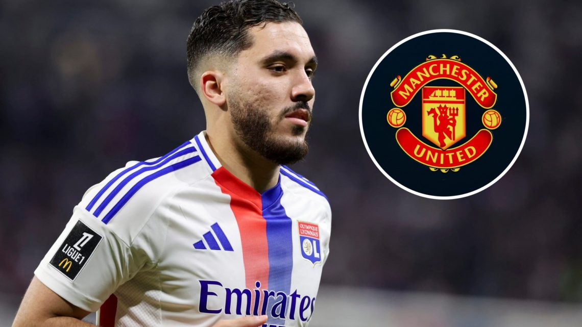 Rayan Cherki running during a Lyon match (main image) inset of a Man United badge (top right corner)