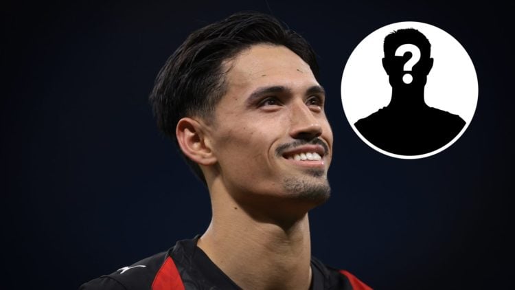 Tijjani Reijnders smiling during an AC Milan match (main image) mystery player inset (top right corner)