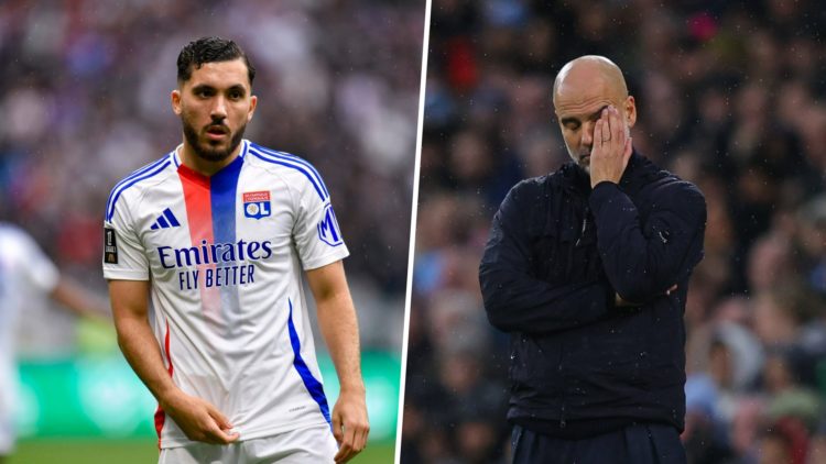 Split image - Rayan Cherki in action for Lyon (left) a sad Pep Guardiola with his hand on his face (right)